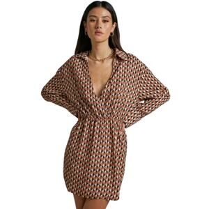 NWT Showpo Leivi Mod Geometric Long Sleeve Mini Party Dress US 14 Retro 70s